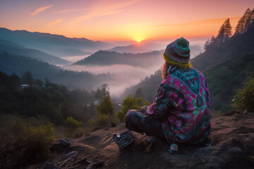 Epic inspiring shot of young traveller, camper or bikepacker man sitting on chair, enjoy incredible mountain landscape on sunrise, breathe fresh air. Travel inspiration, wanderlust dreams. Back view