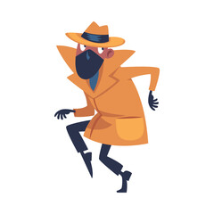 Man Spy Character in Mustard Coat and Hat Sneaking Investigating Vector Illustration