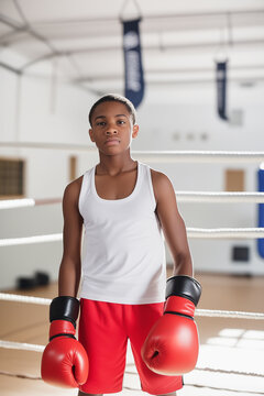 Serious black teen in boxing gloves standing on ring and looking at camera on blurred background