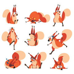 Cute Squirrel with Bushy Tail in Different Action with Emotion Vector Set