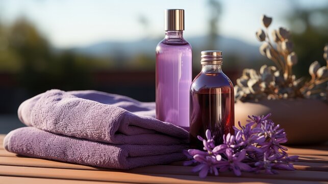 A purple towel and a bottle of perfume on a purple. Generative AI.