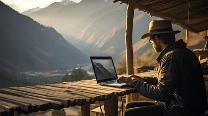 Man working remotely on his laptop outdoors in a mountain landscape, concept of living as a digital nomad and entrepreneurship