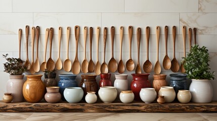 A rustic collection of kitchen utensils wooden spoons. Generative AI.