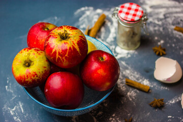 Ingredients for making homemade traditional Thanksgiving apple pie. Ripe red apples in a blue bowl, egg shells, aniseed spices, cinnamon sticks on blue kitchen table. Sweet dessert baking at autumn.