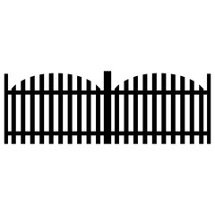 Black wooden fence silhouette isolated on white background. Decorative wood picket fence section design. Vector flat black garden picket fence design. Vector wood picket design. Seamless border.