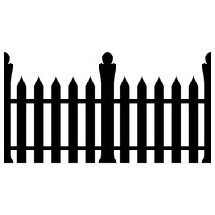 Black wooden fence silhouette isolated on white background. Decorative wood picket fence section design. Vector flat black garden picket fence design. Vector wood picket design. Seamless border.