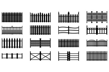 Black wooden fence silhouette isolated on white background. Decorative wood picket fence section design. Vector flat black garden picket fence design. Vector wood picket design. Seamless border.