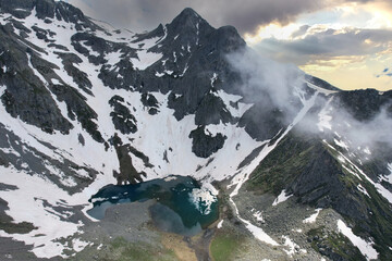 Avusor Glacial Lake (Heart Lake) in Kackar Mountains. Avusor Plateau, Rize, Turkey. Panoramic drone shot.