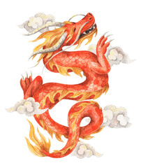 Watercolor illustration of flying dragon with clouds in Chinese style. Hand-drawn red asian dragon symbol of new 2024 year isolated on white background