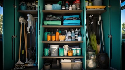 A well-stocked cleaning closet with vacuum brooms dusting. Generative AI.