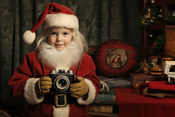 
little girl dressed as Santa Claus, with an old camera in her hands, generated with AI