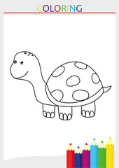 Children's coloring page turtle shell blank line drawing in a frame with pencils  illustration