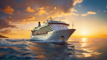 Luxury Cruise Ship Sailing To Port On Sunset