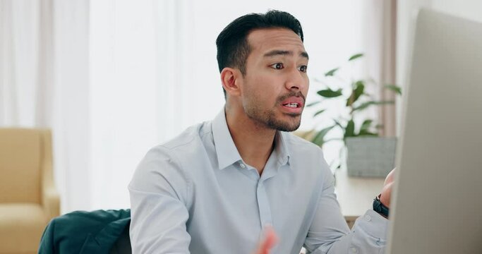 Computer, error and frustrated businessman angry due to internet fail, 404 or glitch in startup company online website. Problem, network and employee with mistake, bad news or web or tech crisis