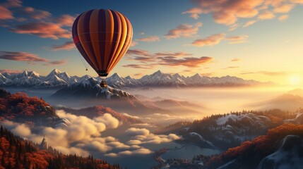 Air balloon flying over a mountain peak. Generative AI.