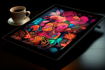 Colorist graphic tablet coffee back ground creative design on tablet screen Generative ai