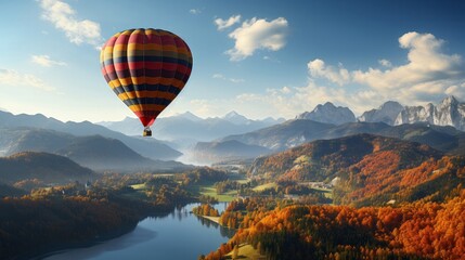 Air balloon flying over a mountain peak. Generative AI.