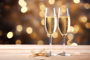 Two glasses with sparkling wine champagne on a festive winter holiday background, bokeh lights - obrazy, fototapety, plakaty