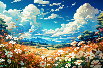 Beautiful summer landscape with meadow and mountains. generative ai