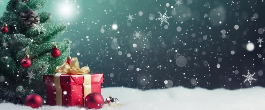 Christmas tree and gifts. Snow covered seasonal winter. Seamless looping video background animation. Anamorphic video