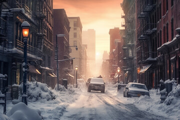 American city covered in a blizzard, cars and streets in snow and drifts.