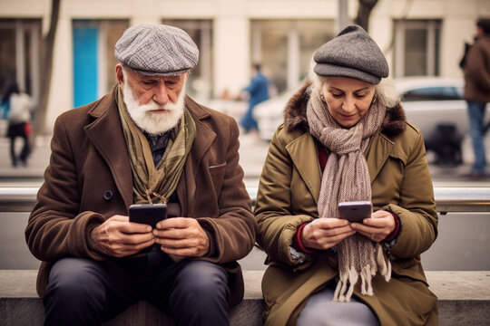 Elderly couple sitting on bench with smartphones and watching in it