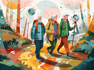 active couple old elderly senior grandfather trekking happy hiking walking. Generative AI.