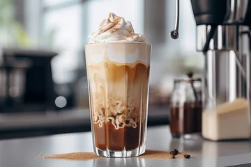 Foto op Plexiglas glass with warm coffee drink with pumpkin spice or cinnamon, whipped milk foam and chocolate in a white sunlit modern kitchen interior © Romana