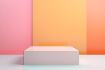Beauty product photo background: smooth rectangular pink podium in hard sunlight on pink background, negative space