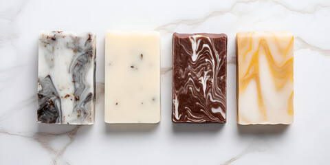 Eco natural homemade soap with different aroma and color on marble table - obrazy, fototapety, plakaty