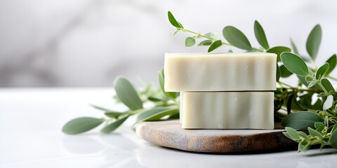 Natural homemade soap with eucalyptus aroma, white marble table with copy space