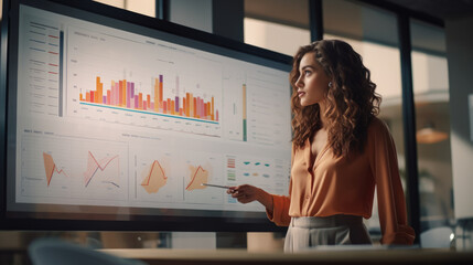 Young Businesswoman Giving Presentation in a Dark Auditorium. A proficient female IT specialist. Business Startup and Education Concept.