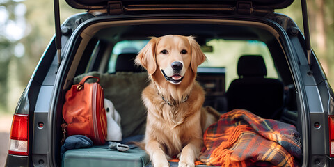 Smiling little  with her dog in car trunk, Cute dog at back of car ready for travel, Cute dog looking out from the window of a bus Generative AI