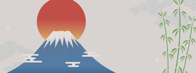 浮世絵風の富士山と日の出のバナー　竹