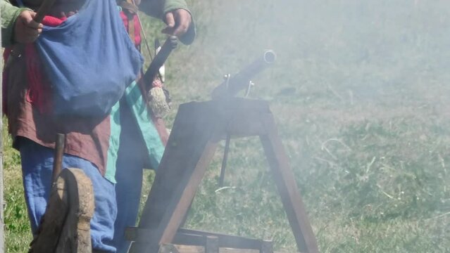 Shot from an old smoothbore artillery piece. Reconstruction of ancient medieval weapons.