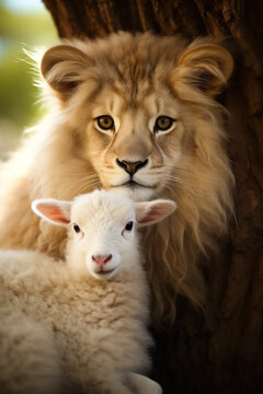 A lion and a lamb peacefully coexist in harmony 