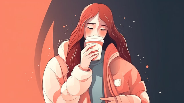 Young woman with paper cup in cold season, generative AI.