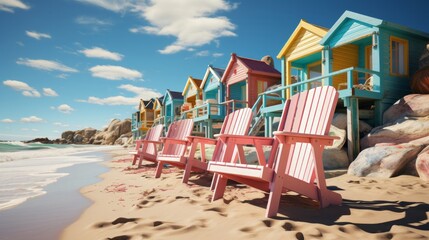 Cheerful colorful beach houses by the sea. Generative AI. - obrazy, fototapety, plakaty