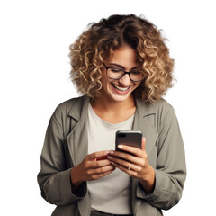 Happy woman typing on phone isolated on transparent background with focus on communication technology social media networking and internet surfing