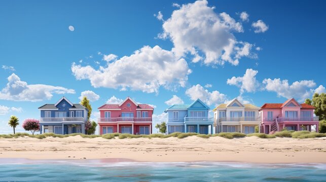 Cheerful colorful beach houses by the sea. Generative AI.