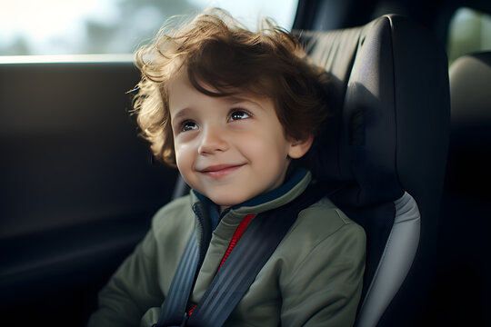 Happy boy in a child car seat wearing a seatbelt while traveling by car