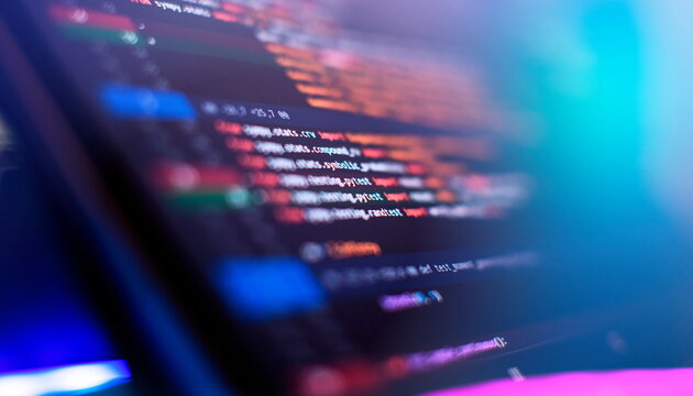 Monitor closeup of function source code. Abstract IT technology background. Software source code.
