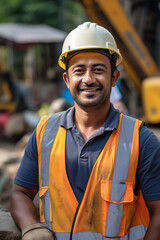 Cheerful handsome Indian man working at the construction site 