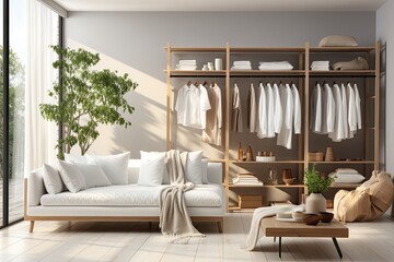 Modern interior of spacious dressing room in private house. Clothes on the hangers. White shelves and drawers near a sofa