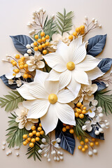 Flat lay of traditional Christmas decoration with white and yellow poinsettia mistletoe and white berries 