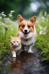 Furry friends a red cat and a corgi dog walk in a summer meadow amid warm raindrops 