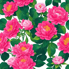 Floral Seamless Pattern with Bright Pink Peonies and Green Leaves on White. Wallpaper Design for Textiles, Interior, Clothes, Wedding Invitations, Postcards, Greetings. AI Generated