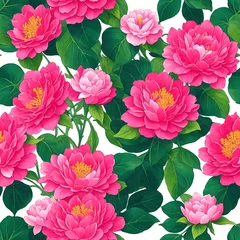 Fototapeten Floral Seamless Pattern with Bright Pink Peonies and Green Leaves on White. Wallpaper Design for Textiles, Interior, Clothes, Wedding Invitations, Postcards, Greetings. AI Generated © Svetlana Moskaleva