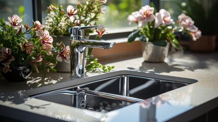 Clean and modern kitchen sink with shiny chrome faucet. Generative AI.
