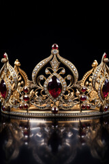 Isolated gold crown with red jewels depicting a medieval design placed on a white background 